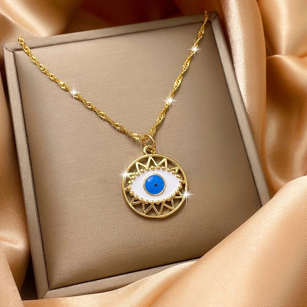 

Blue Evil Eye Pendant Necklace Turkish 18k Yellow Gold Filled Classic Pendant Choker Chain Women Men Jewelry Gift