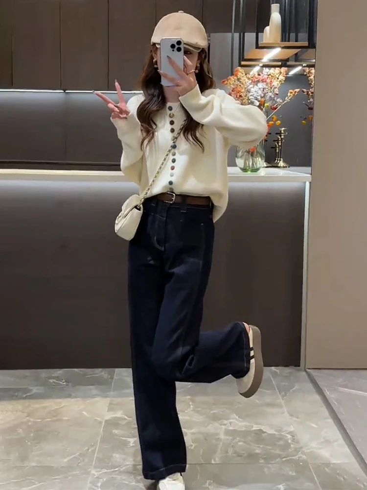 Цветной вязаный кардиган с круглым вырезом и пуговицами женский свитер на осень