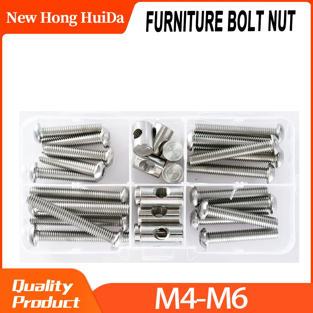 

M4 M5 M6 Stainless Steel Hex Hexagon Round Cap Screws Wood Furniture Dowel PinThreaded Barrel Hammer Nuts Set Bolt Kit Embedded