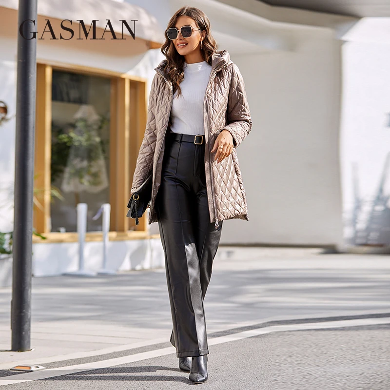 GASMAN 2022 New Spring Autumn Women coat Simple Mid-Length Fashion unique splicing Hooded design Women's spring jackets 8220