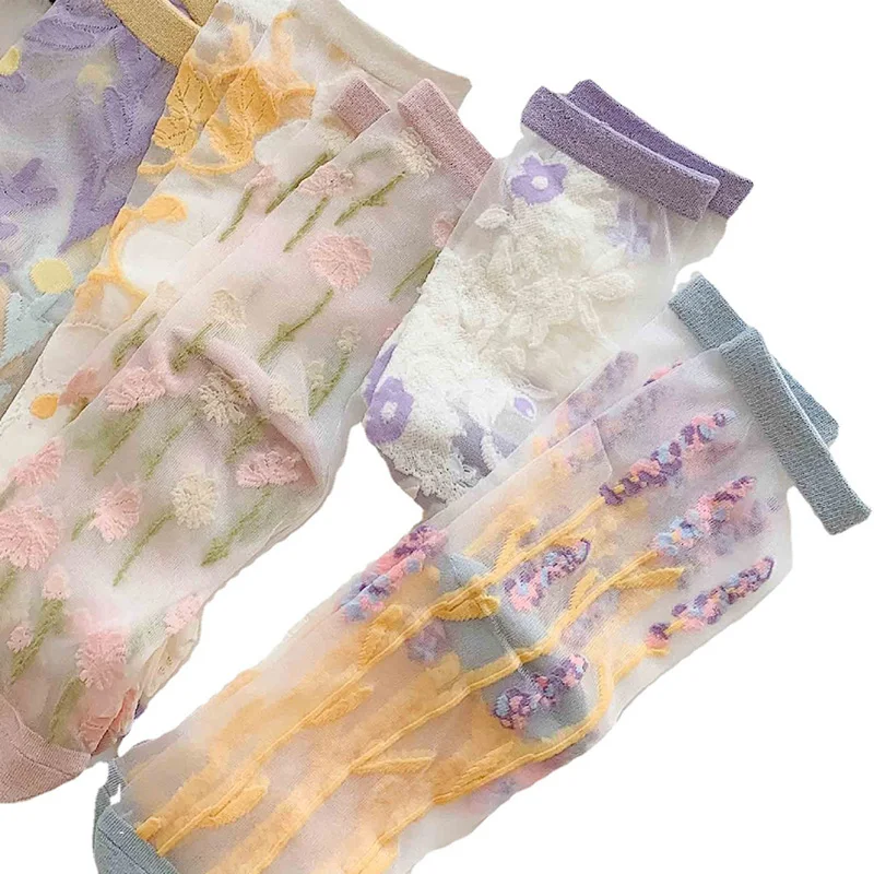 Ultra-thin Transparent Crystal Silk Socks Women Fashion Summer Harajuku Fresh Socks Retro Flower Streetwear Elastic Long Socks