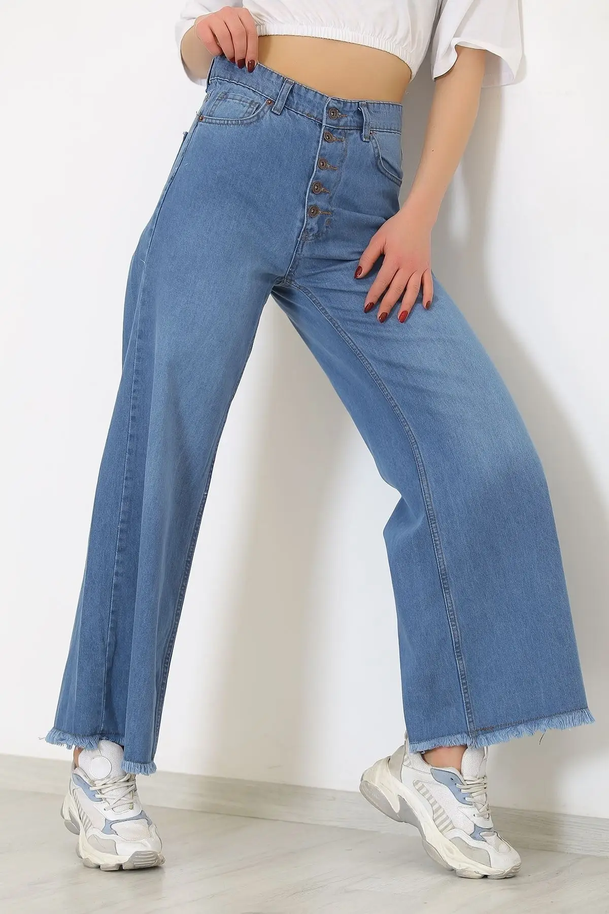 

Women's Jean Tasseled Light Blue Full Length Straight Pant Streetwear Female Buttons Zipper Ladies
