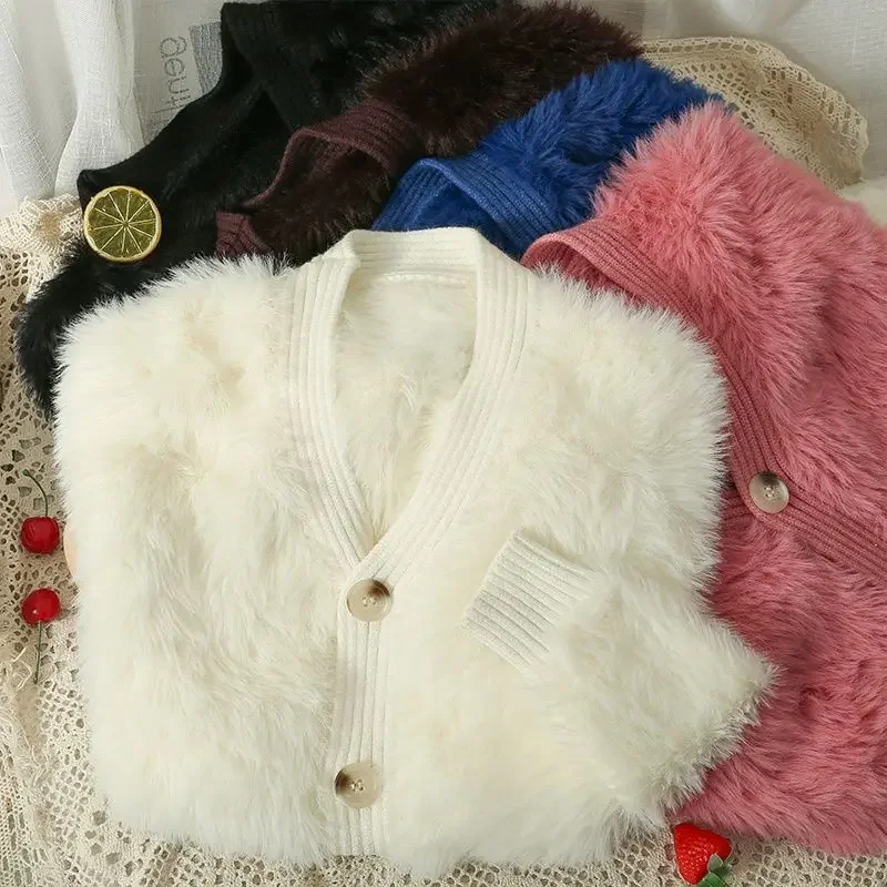 

Mink-like Wool Cropped Cardigan Sweater Coat Women Loose Slim Small Spring Autumn Winter Long-Sleeved Knitted Top for Women