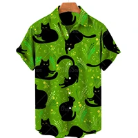 cat print hawaiian shirt men women summer casual top plus size loose simple single breasted buttons 5xl
