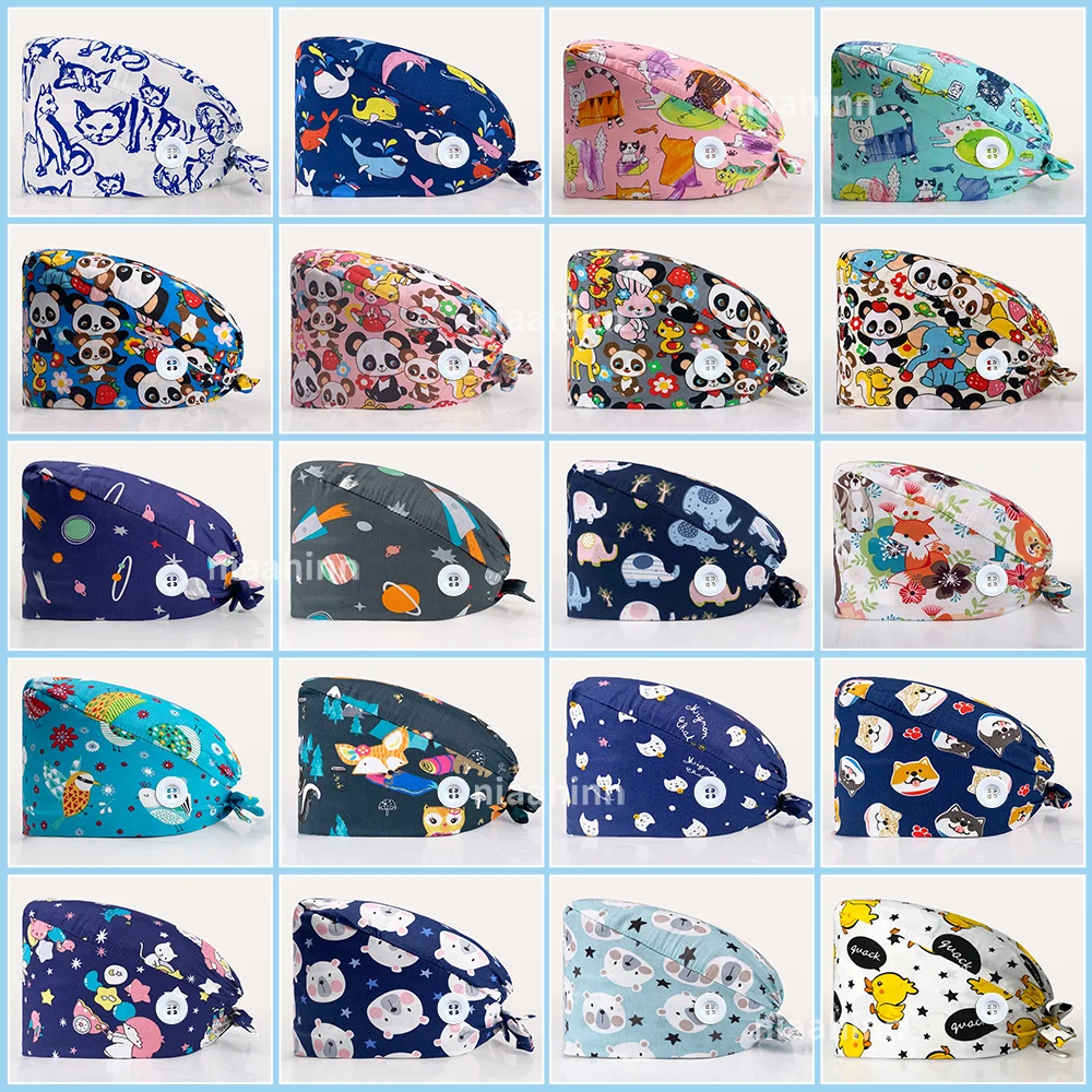 

Wholesale Restaurant Kitchen Working Hats Pattern 100% Cotton Lab Cooking Dustproof Caps Cartoon Printed Women Pharmacist Caps