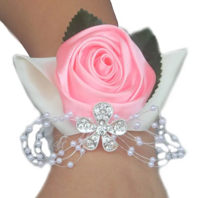 

X7YC Handmade Satin Rose Wrist Corsage Wedding Prom Party Bridesmaid Bridal Wrist Flower Faux Pearl Beaded Stretch Bracelet