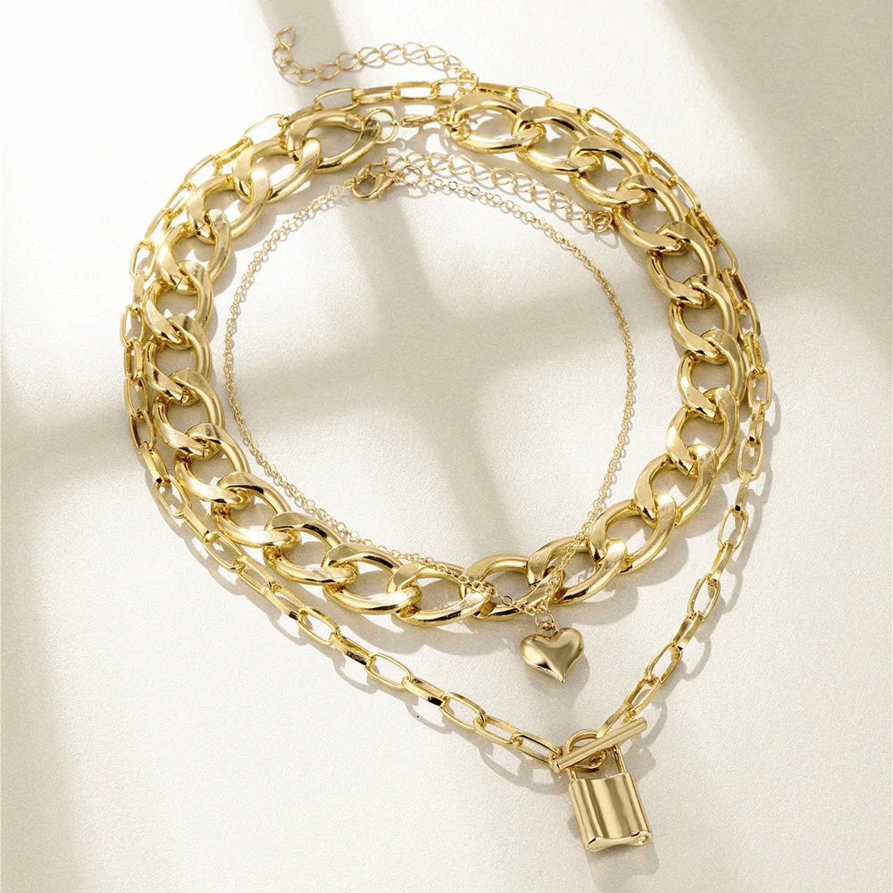 

Vintage Punk Metal Lock Heart Pendants Necklace for Women Multi-layers Chunky Thick Cuban Chain Choker Necklace Miami Jewelry