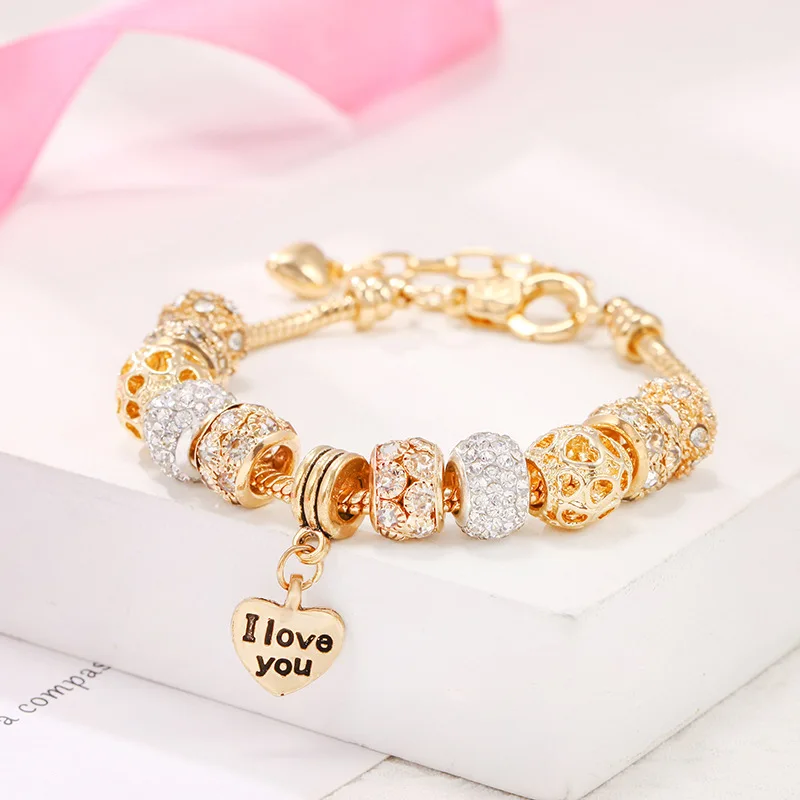 

2023 New Shiny Alloy Big Hole Bead Love Bracelet for Women Micro-inlaid Rhinestone Jewelry Couple Accessories Gifts Wholesale