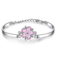 cute pink crystal flower bracelets for women jewelry top quality sterling 925 silver bracelet female engagement accessories gift