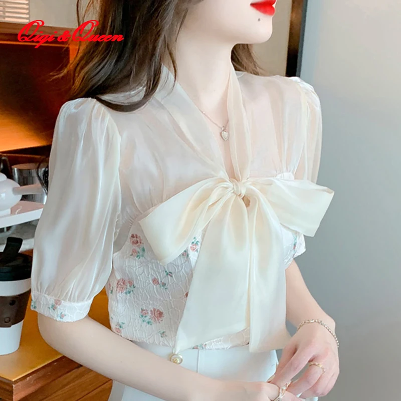 

Qiqi&queen 2023 summer new fashion tops laced bow shirt organza stitching shirts french short-sleeved chiffon blouse blusas