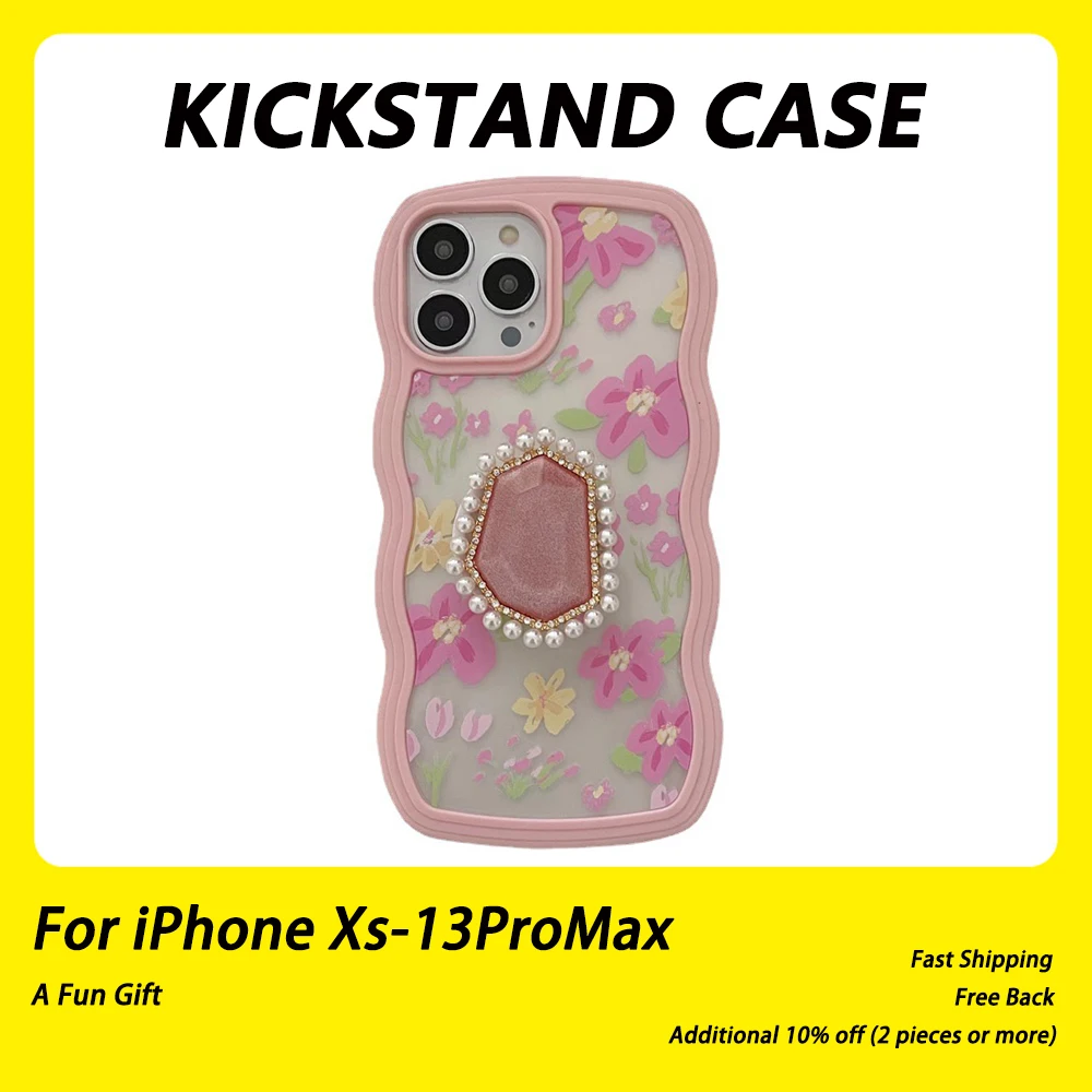 

INS Luxury Kawaii Floral Case For IPhone 11 12 13 Pro XS Max XR X With Pearl Holder Oft Silicone 2022 Mobile Cell Phone Cover
