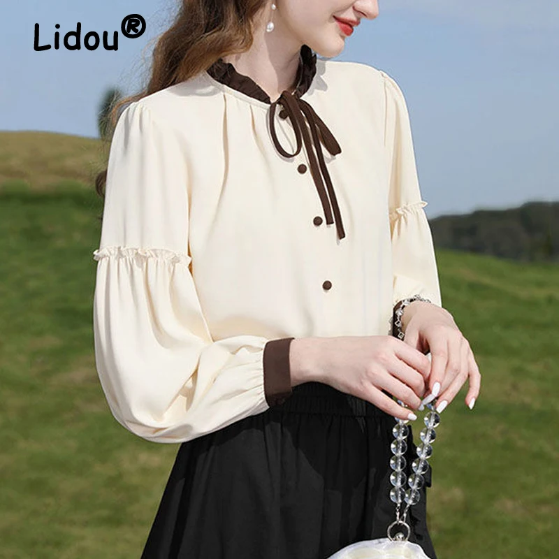 

Women Ruffle Stand Collar Lace Up Chic Sweet Preppy Style Blouse Elegant Vintage Long Sleeve Button Up Shirt Casual Fashion Tops