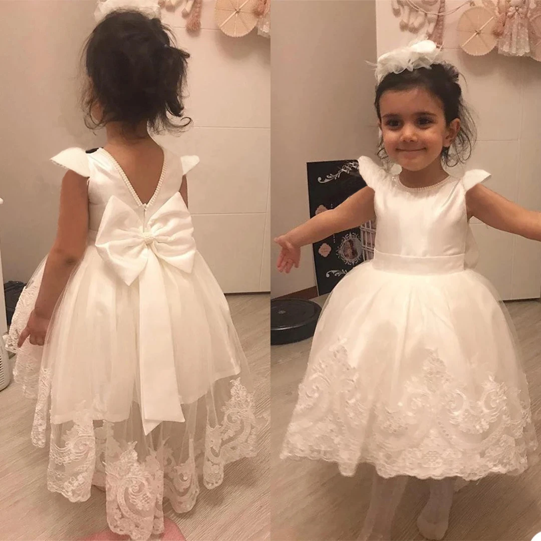 Toddler Baby Girls 1st Birthday White Baptism Dress Infant Bow Lace Wedding Party Dresses 0-5Y Kids Girl Trail Princess Clothes