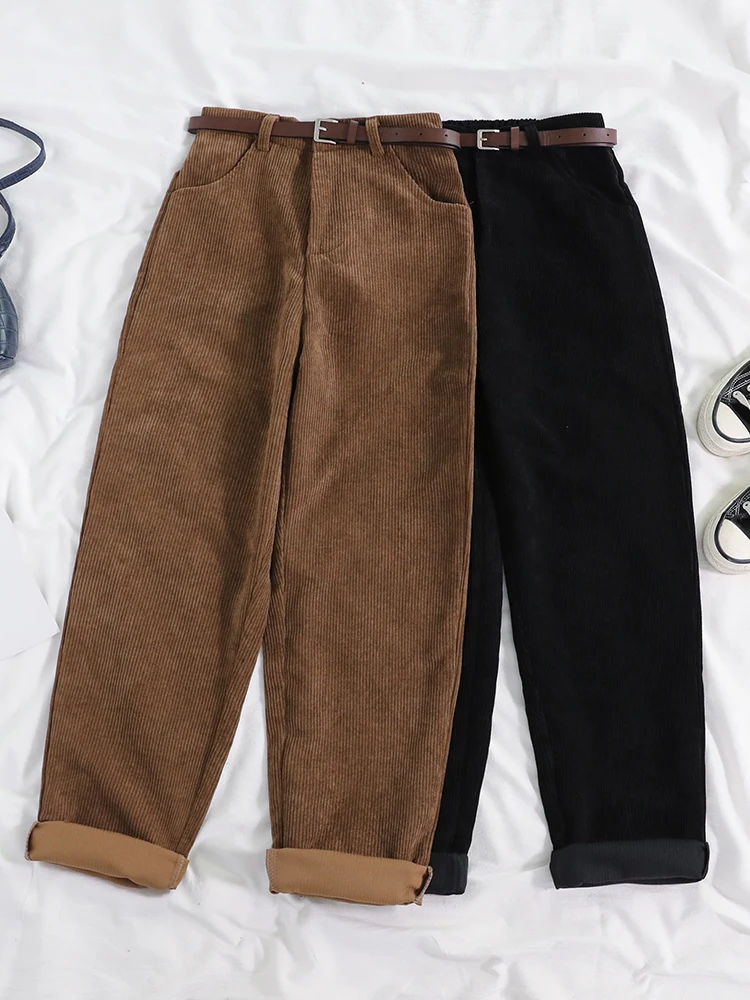 

ZCSMLL Women Spring Corduroy Pants High Waist Autumn Vintage Korean Casual Wide Leg Pants Elegant Belt Loose Cotton Streetwear