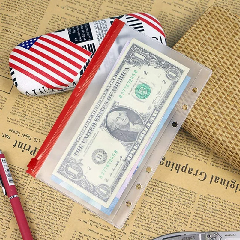 

A6 Budget Binder Pockets With Zipper, Clear 6 Holes Cash Envelopes Folder,PVC Money Coupon Organizer Loose Leaf Bags