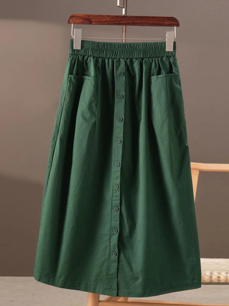 

2022 Summer New Women's Skirts Retro Casual Elastic Waist A-line Skirt Temperament Fashion Stitching Single-breasted Women