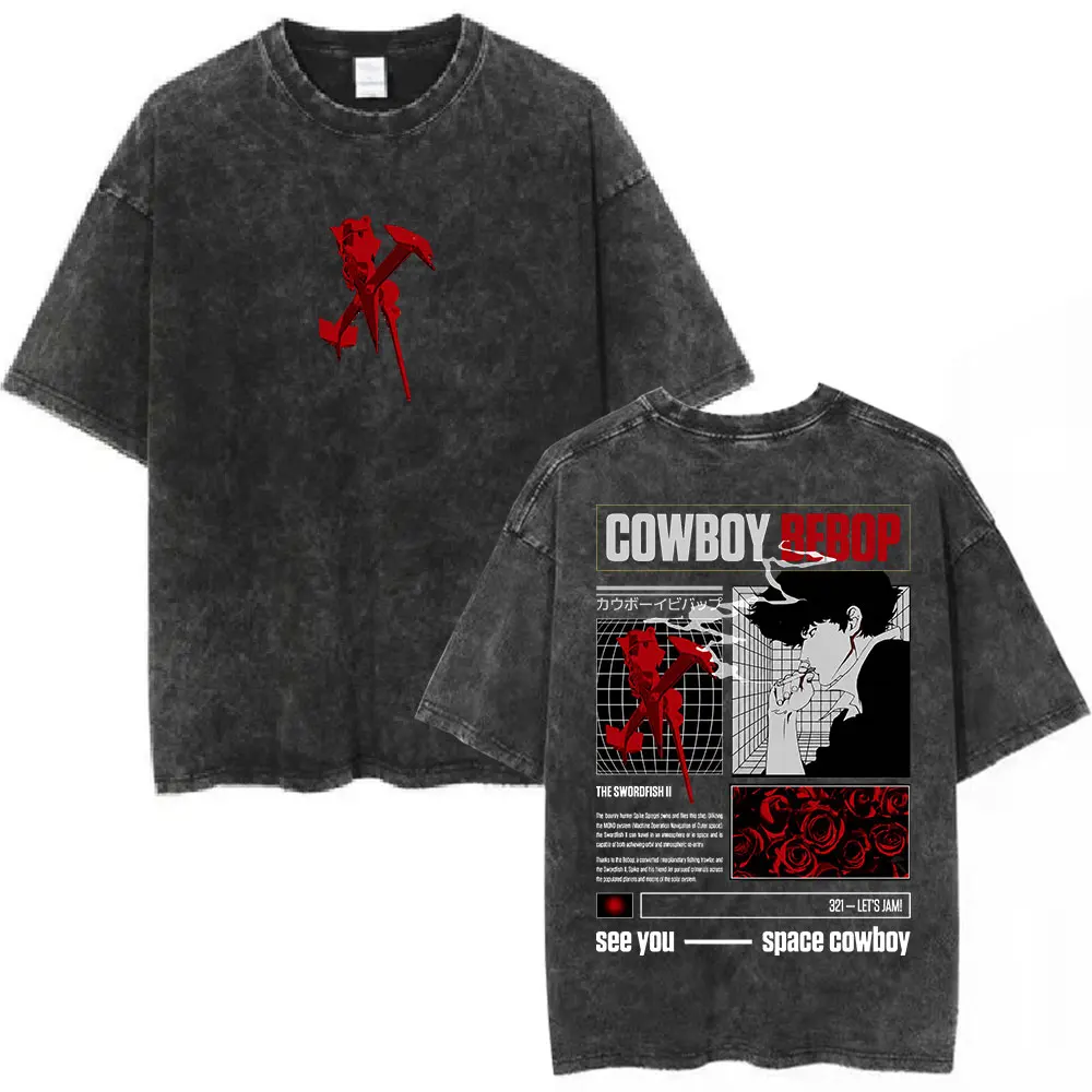 Фото Винтажные футболки с принтом Anime Cowboy Bebop Spike Spiegel, мужские и женские, с коротким рукавом, из хлопка, оверсайз, уличная одежда №1