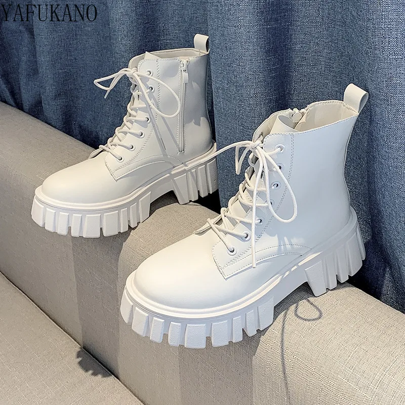 

Женские кожаные ботинки на платформе 5 см, Белые Водонепроницаемые ботинки на толстой подошве, с круглым носком, на молнии, со шнуровкой, нов...