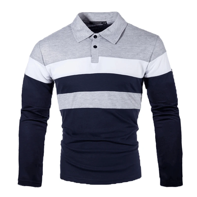 

Men's Spring Autumn New Fashion Striped Color Blocking Triple Stripe Top Loose Polo Shirt Lapel Casual Long Sleeve Polo T-Shirt