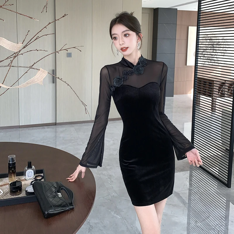 Сексуальное черное сетчатое облегающее платье элегантное женское осень-зима