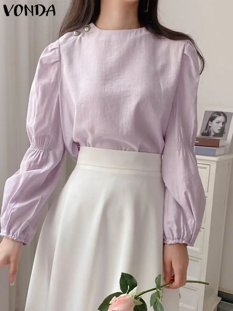

VONDA Women Shirts 2022 Casual Long Sleeve Crew Neck Solid Color Blouse Fashion Pleated Blouse Tops Blusas Femininas Oversized