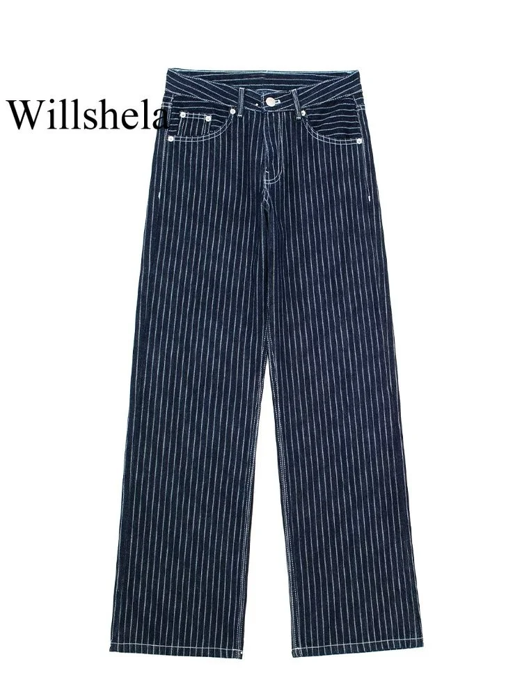 

Женские модные джинсовые брюки, темно-синие полосатые брюки на молнии спереди, винтажные женские шикарные брюки с высокой талией и широкими штанинами, джинсы