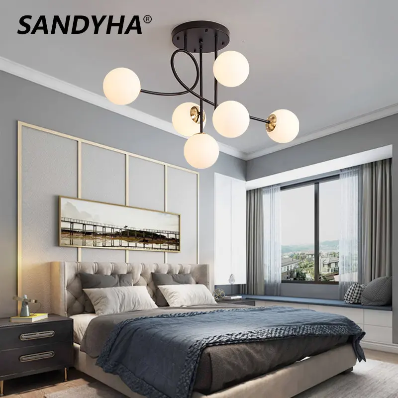 

Потолочная люстра E27 в скандинавском стиле, роскошные комнатные подвесные светильники черного и золотого цвета со стеклянными шариками для гостиной, столовой, спальни