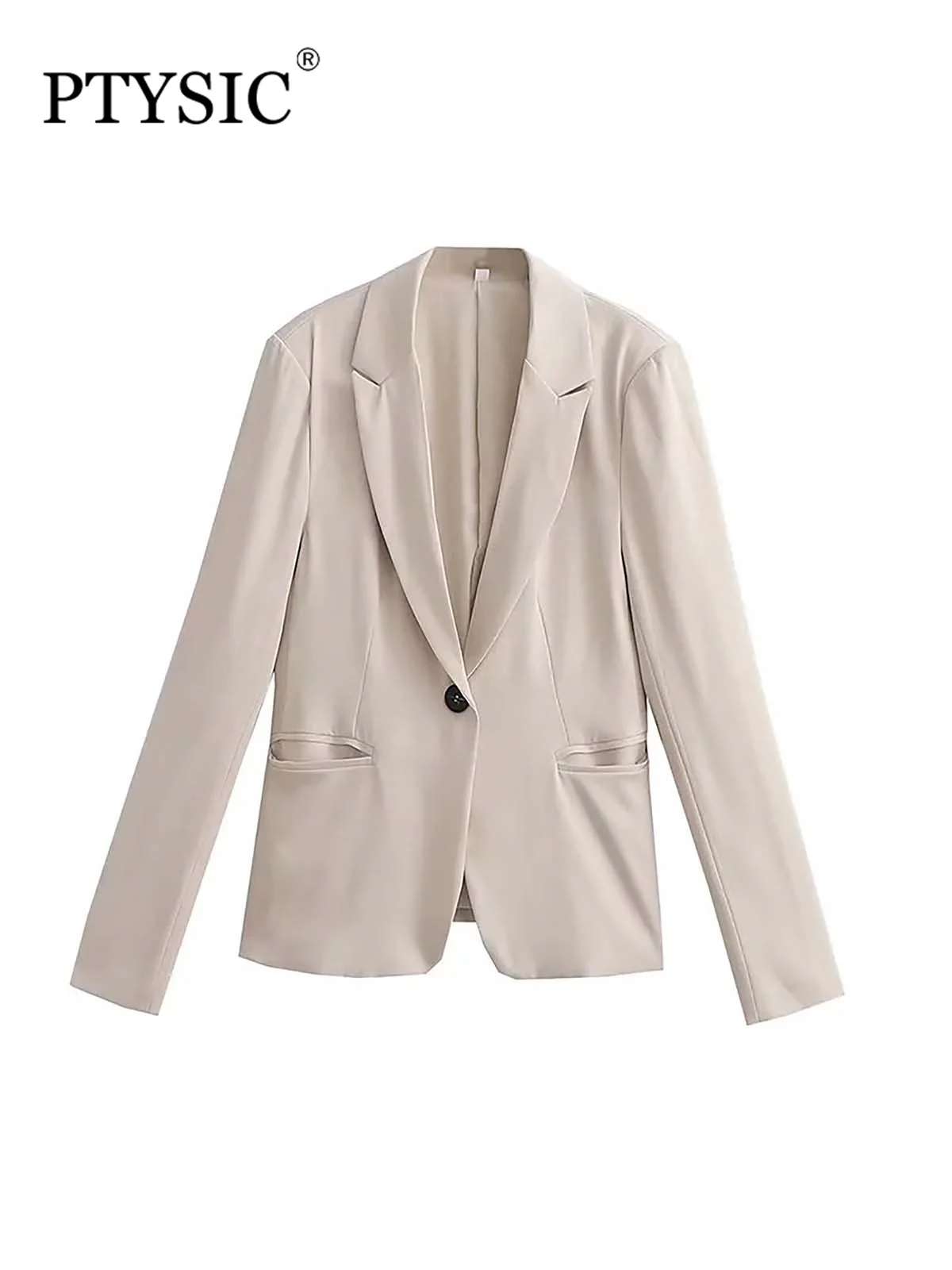 

PTYSIC Women Casual With Solid Single Button Blazer Coat 2022 Summer Full Sleeves Pockets New Office Lady Outerwear Mujur