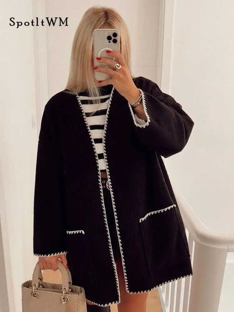 

Осенние Лоскутные теплые пальто для женщин, модный Повседневный Кардиган с длинным рукавом и карманами, пальто 2023, зимняя женская верхняя одежда в стиле High Street