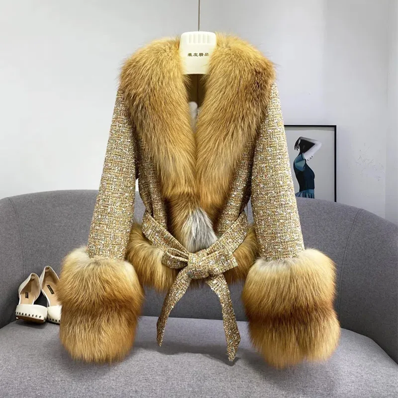 2022 Autumn Winter New Whole Leather Real Fox Fur Collar Coats Women's Plus Cotton Thin Waist Short Thick Warm Faux Fur Female