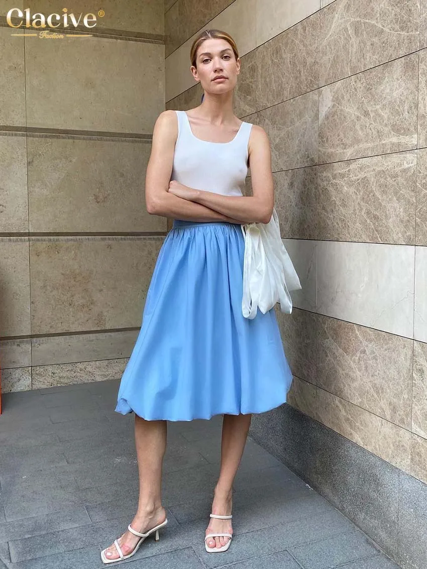 

Clacive Fashion Blue Pleated Women's Skirt Casual Loose Office High-waisted Skirt Elegant Solid Skirts Female Clothing 2022