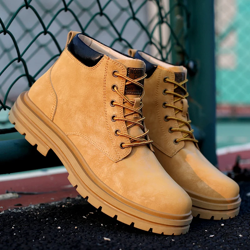 2022 New Men's Winter Boots Military Casual Leather High Top Shoes For Couple Autumn Yellow Add Plush Ankle Outdoor Snow Boo Man