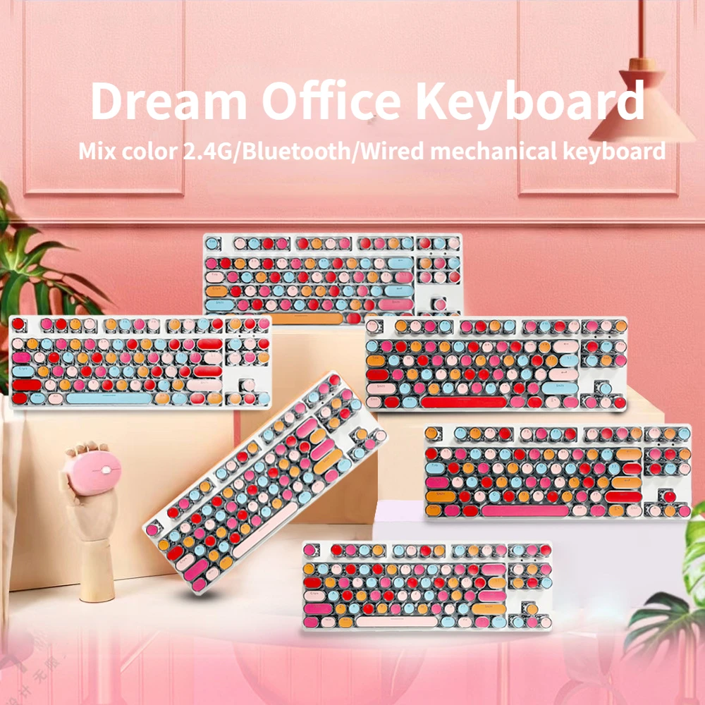 

3 Modes Connection Wireless Bluetooth Retro Punk Mechanical Keyboard Lipstick Five Color Matching High Beauty Laptop Keyboard