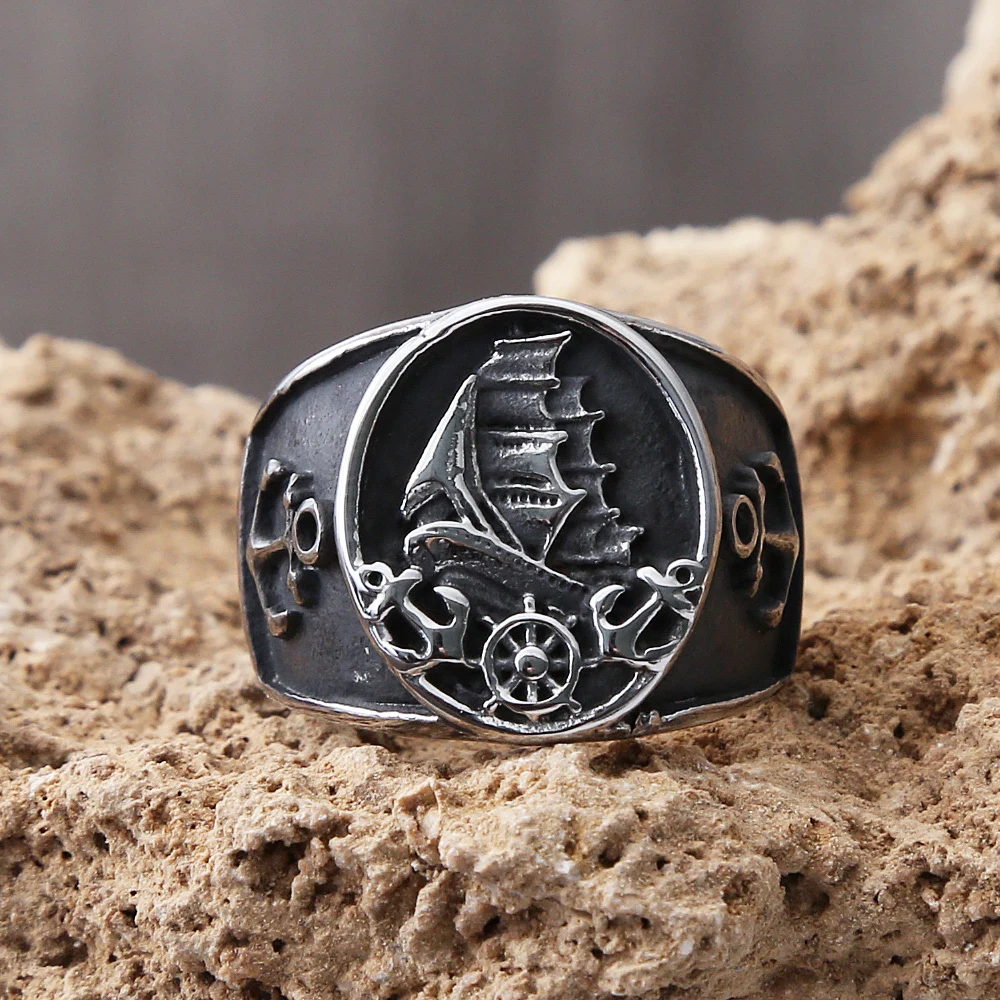 

Vintage Viking Pirate Rings For Men Punk Hip Hop Stainless Steel Anchor Compass Ring Fashion Biker Ring Jewelry Gif