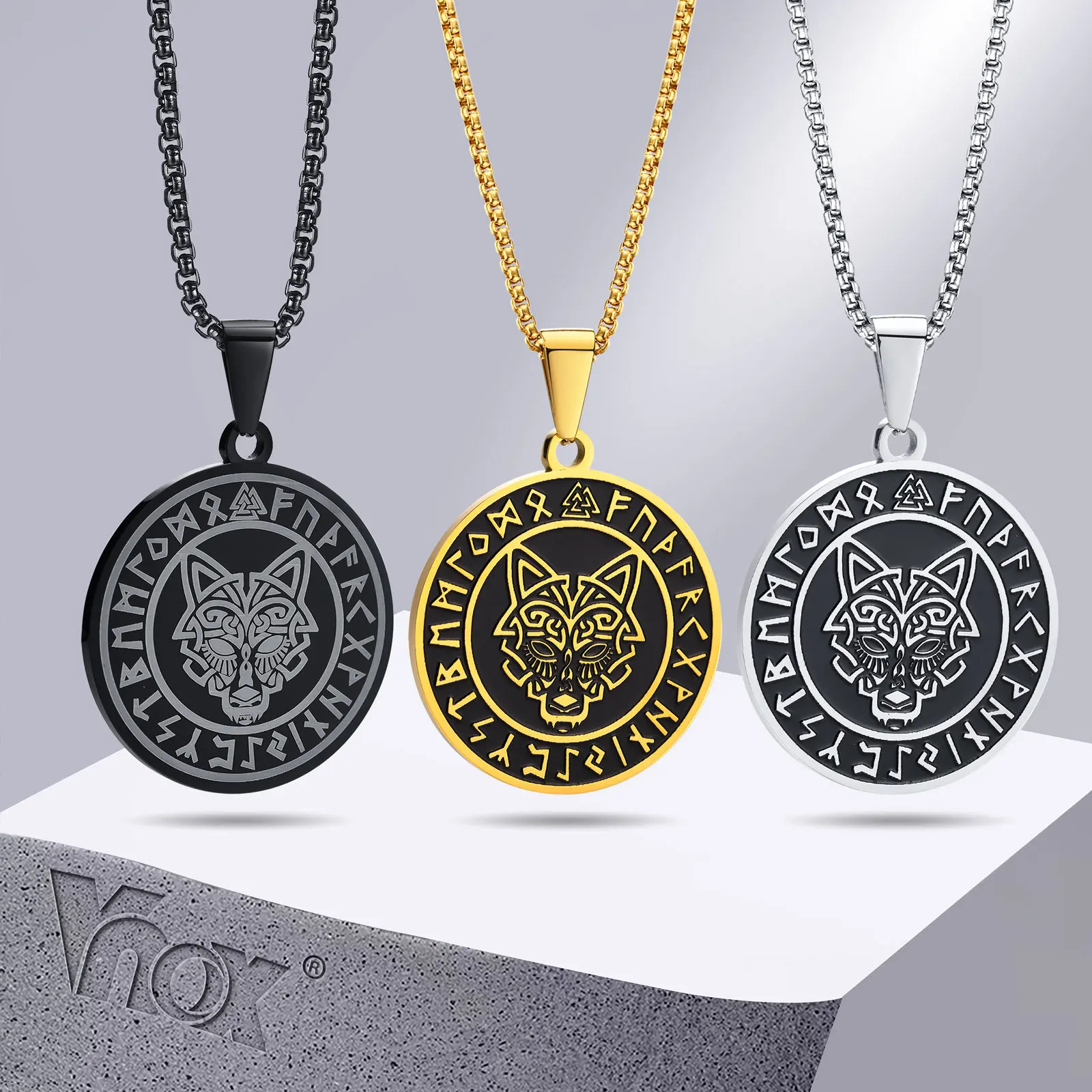 

Vnox Men Viking Wolf Necklace, Stainless Steel Viking Compass Rune Almut Animal Pendant with Box Chain, Punk Rock Boy Collar