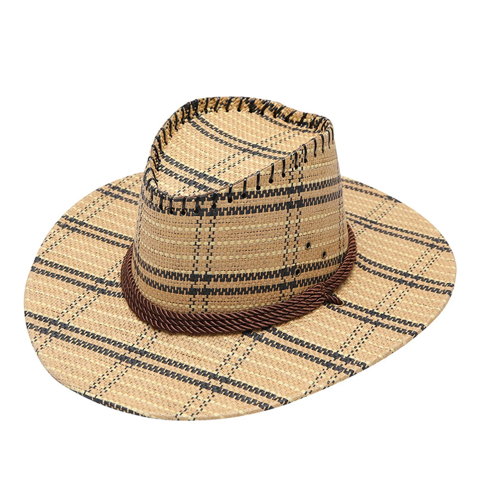 

Кепка в клетку для взрослых, Повседневная летняя ковбойская дорожная шляпа от солнца с широкими полями, с принтом, в западном стиле, для вече...