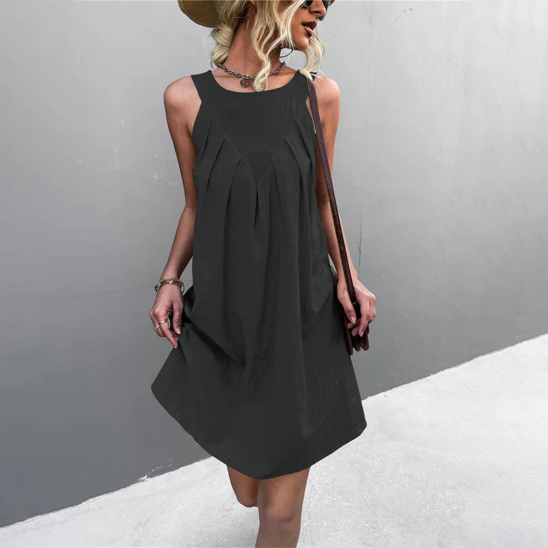 

The summer new product temperament solid color sleeveless neck plaited dress big swing skirt female