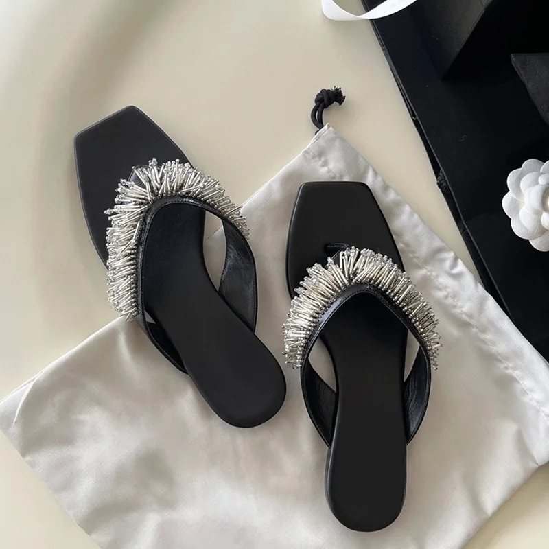 Women Flip Flops Summer Outside Designer Tassel String Bead Slippers Women Flats Square Toe Beach Fashion Sandals