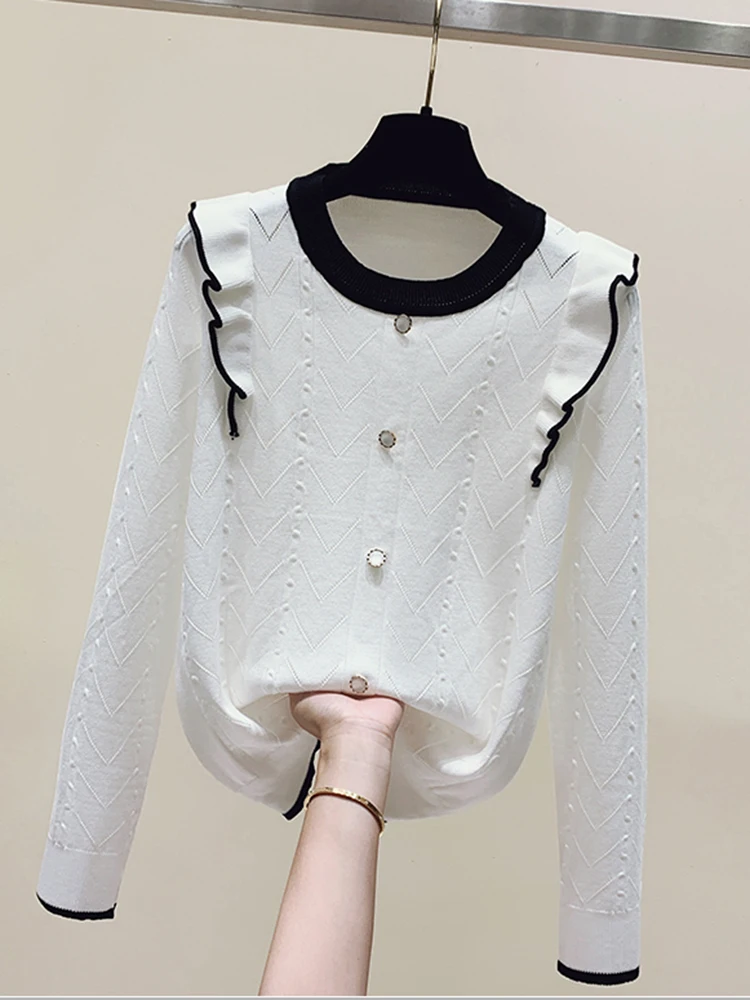 

Korean Fashion Clothing For Womens Sweater New White Ruffles Button Sweater 2022 Autumn Winter Long Sleeve Top Knitted Pullovers