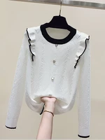 korean fashion clothing for womens sweater new white ruffles button sweater 2022 autumn winter long sleeve top knitted pullovers