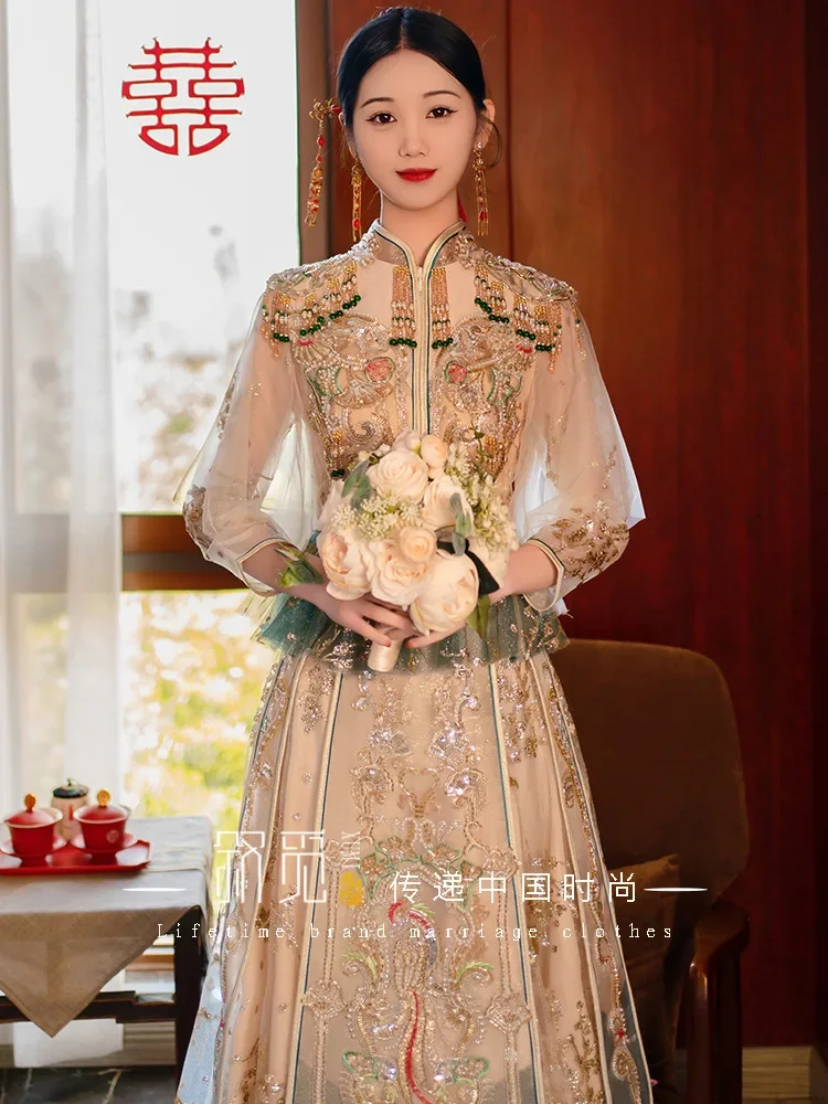 Осеннее тонкое платье Xiuhe цвета шампанского с жемчужинами и блестками свадебное