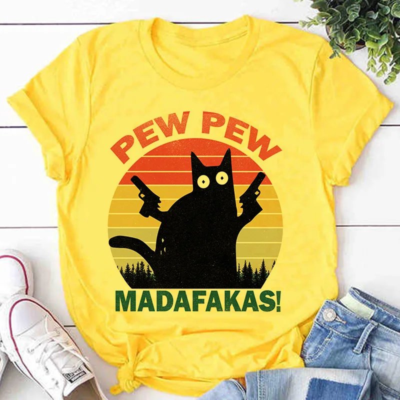 

Pew Pew Madafakas print ladies yellow T-shirt ladies casual basis O-collar white short sleeve ladies T shirt Black Cat Tshirt