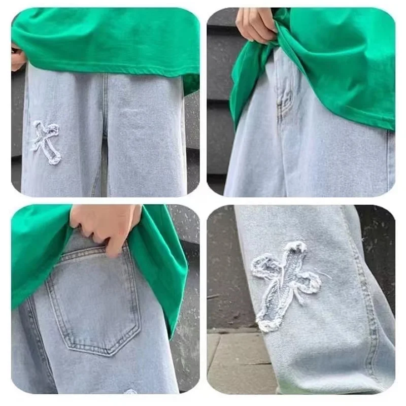 Y2K Men Korean Fashion Streetwear Hip Hop Low Rise Baggy Jeans Trousers Cross Mens Denim Pants Women Oversized Boyfriend Clothes