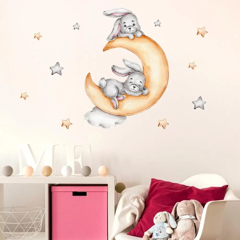 

2023 Wall Stickers Rabbit Sleeping On The Moon Cloud Stars Wall Decal For Living Room Bedroom Children Room Decoration
