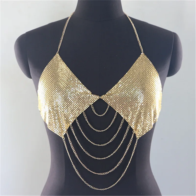 Cutistation Glitter Halter Tank Tops Women Sexy Metal Chain Tassel Bra Sparkly Sequins Top Backless Golden Body Jewelry Bikini |