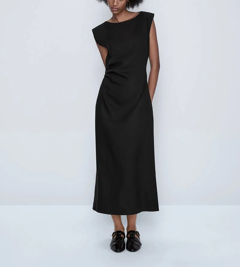 

Summer New Women's Pleated Linen Blend Long Sleeveless Dress