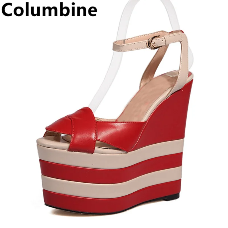 Women Red White Stripe Heightened Platform Sandals Leather High Wedge Open Fashion Heels Mixed Colors Peep Toe Modern New Shoes