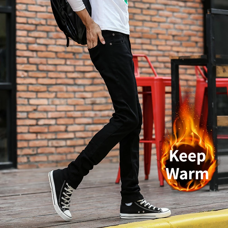 Hot Men's Winter Open Crotch Jeans Fleece Crotchless Outdoor Sex Pencil Pants Velvet Thermal Hidden Zipper Korean Gay Trousers