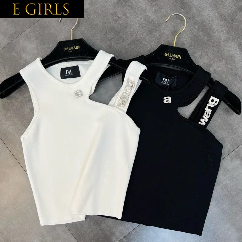 

J GIRLS 2022 Summer New Arrival Sleeveless Single Shoulder Hollow Out Diamonds Letters Slim Knitted Tank Top Woomen Vest GE319