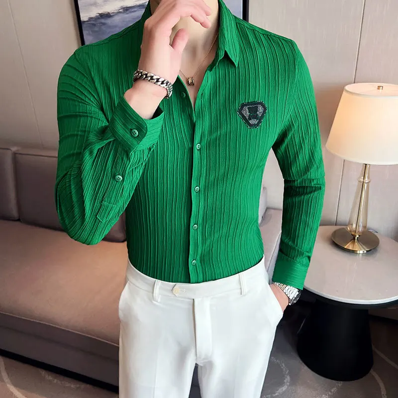 

Fall Leisure Rhinestones Shirt Design British Men Cuba Collar Slim Solid Bear Pattern Shirt Camisa Social Masculina Men Shirt